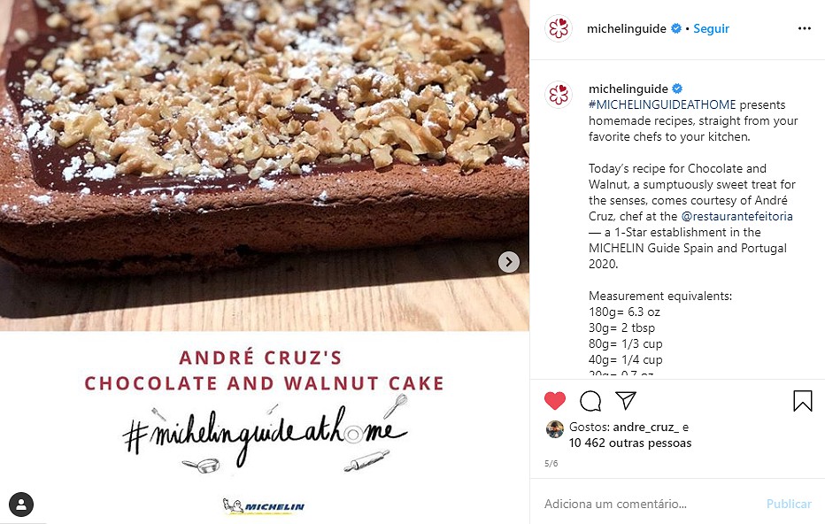 O “Bolo de Chocolate e Noz” de André Cruz no Instagram do Guia Michelin